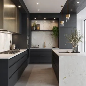 Modern Modular Plywood Kitchen Cabinets Melamine Board Stainless Steel Countertop Faucet Eco-Friendly Fireproof Design for