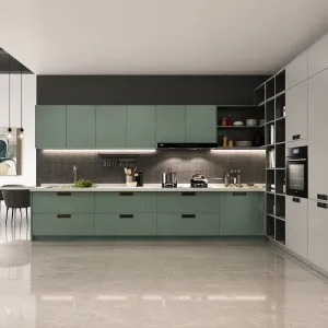 Modern PET Kitchen Cabinet Set Matte Green Modular Kitchen Cabinets with Island Full House Project Solution for Villa