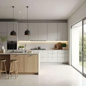 Modular Durable Laminate Plywood Kitchen Cabinets PET Surface Backsplash Resin Countertop for Apartment Projects Total Solution