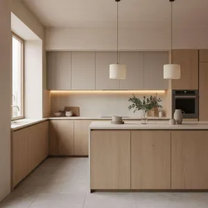 Modular Durable Laminate Plywood Modern Kitchen Island Cabinets with Backsplash for Bulk Apartment Projects