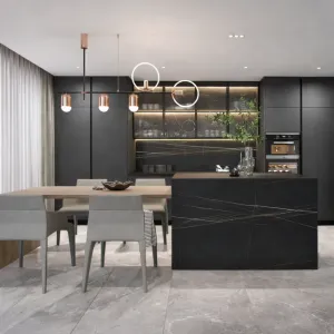 One-stop Modular Modern Kitchen Cabinet Solution Sink Eco-Friendly Melamine Particleboard Glass Doors Artificial Granite
