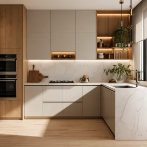 Particle Board Kitchen Cabinet HPL Panel High Gloss Melamine Finish Modern Eco-Friendly Glass Kitchen Cabinet Set