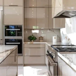 Philippine Villa Project Custom Modern European White Laminate Thermofoil Finish Smart Plywood Island Kitchen Total Project