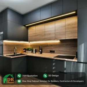 Philippines Apartment Project Kitchen Cabinet Design Modern Gray PET Base Kitchen Display Cabinet Kitchen Furniture Set