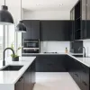 Villa Project Factory Modern Eco-Friendly Modular Glass Black Lacquer Painted Kitchen Cabinets Set Quartz Stone Countertops