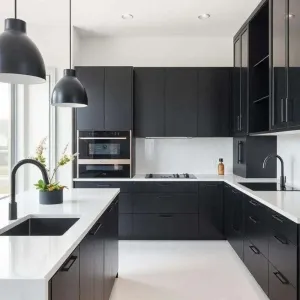 Villa Project Factory Modern Eco-Friendly Modular Glass Black Lacquer Painted Kitchen Cabinets Set Quartz Stone Countertops