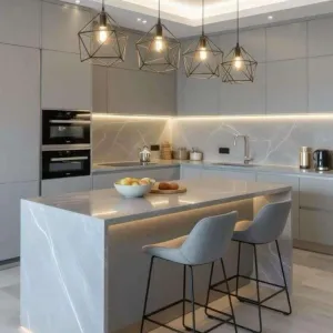 Wholesale Eco-Friendly Modern Melamine Wood Modular Full Kitchen Cabinets Set Faucet for Villas Project Including Island Sink