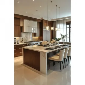 Wholsale Prefabricated Wood Kitchen Cabinet Quartz Island Table with Storage for Villa Apartment Interior