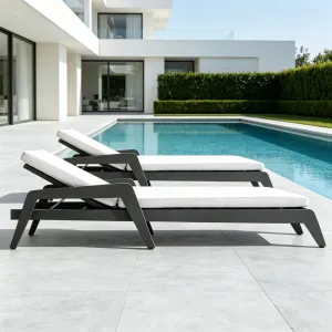 Aluminum Outdoor Sun Lounger Luxury Sun Bed Villa Poolside Chaise Lounge Wide Armrest Metal Waterproof Fabric Courtyard Recliner