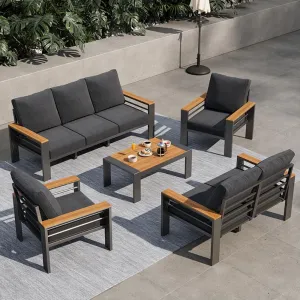 Commercial Grade Outdoor Aluminum Sofa Set Imitation Wood Armrest Patio Furniture Waterproof for Hotel Villa Resort Project