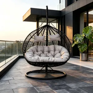 Double Seat PE Rattan Egg Swing Chair With Stand Cushion Pillow Factory OEM ODM for Hotel Villa Balcony Project