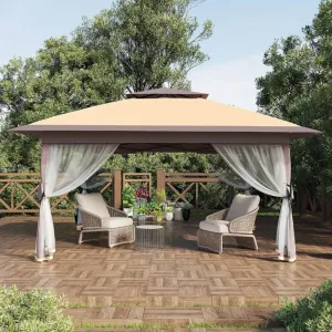 10FT X 10FT Taupe Gazebo Tent with Mosquito Netting Side Walls 2-Tier Vented Roof for Garden Lawn Courtyard