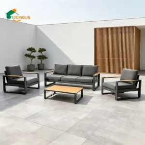 Factory Direct Outdoor Furniture Aluminum Sofa Set Imitation Teak Armrest Outdoor Lounge Set Waterproof Cushions Wholesale
