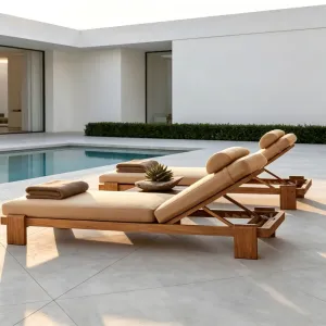 Factory Solid Teak Outdoor Chaise Lounge Thick Square Leg Adjustable Pool Sun Lounger With Head Pillow Hotel Villa