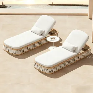 Factory Teak Color Aluminum Frame Rattan Outdoor Chaise Lounge Adjustable Pool Sun Lounger Waterproof Cushion Hotel Villa OEM