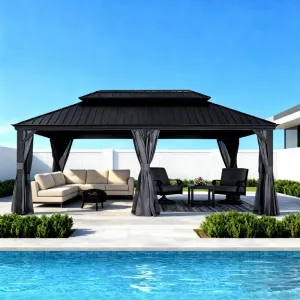 Large Size Outdoor Gazebo Hardtop 12ftx20ft Heavy-Duty Galvanized Steel Patio Gazebo With Curtain Mosquito Net for Commercial