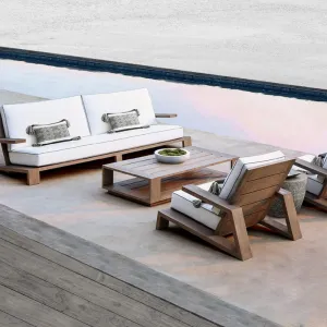 Modern Solid Teak Outdoor Sectional Sofa With Chaise Waterproof Cushion Patio Garden Furniture For Villa Hotel