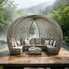Outdoor Furniture Round Daybed with Canopy Patio Rattan Resin Wicker Round Sun Bed Rope Round Lounger Metal Frame Style