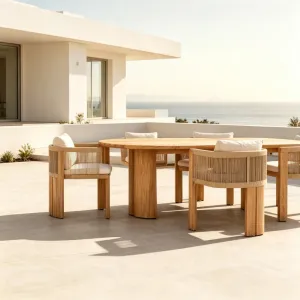 Solid Teak Wood Outdoor Dining Set Oval Table Rope Weaving Dining Chair With Cushion OEM ODM for Villa Hotel Project