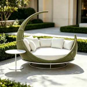 Wholesale Modern Round Outdoor Daybed Aluminum Frame Rope Woven Patio Day Bed With Waterproof Cushion for Villa Hotel
