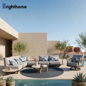 Luxury Aluminum Hotel Outdoor Furniture Patio Set Garden Corner Modular Sectional Resort Sofas with Teak Arm