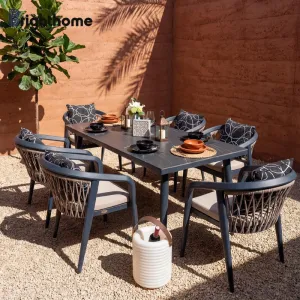 New Style Luxury Garden Pool Patio Furniture Rope Aluminum Pe Rattan Leisure Outdoor Dining 6 Chairs and Table Sets