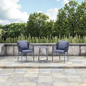 Blue Tone 2p Modern Woven Rope Chair Round Sintered Stone Table Dining Set Aluminum Frame for Patio Garden Outdoor Living Room