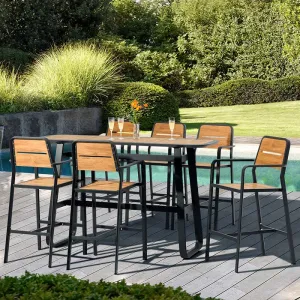 Charcoal Grey Aluminum Frame Bar Stool Faux Wood Planks Modern Durable Lightweight Water Resistant for Indoor Outdoor Dining