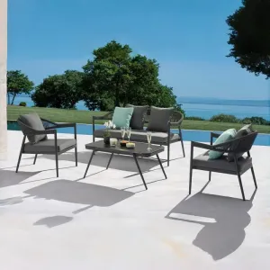 Dark Tone Modern Durable Outdoor Dining Courtyard Park Valkyrie 4pcs Sofa Set Aluminum Frame Rope Backrest Armrest Rock Slab Top