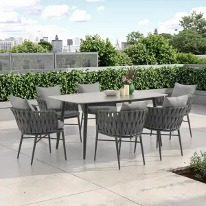 Durable Outdoor Dining Set Aluminum Wicker Frame Sintered Stone Table Top Weather Resistant 6-Seater Hotel Living Room Park