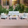 Foshan Factory White Aluminum Frame 5 Seater Patio Sofa Set Light Grey Cushions Plastic Wood Coffee Table Modern Durable