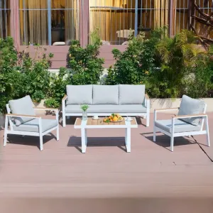 Foshan Factory White Aluminum Frame 5 Seater Patio Sofa Set Light Grey Cushions Plastic Wood Coffee Table Modern Durable