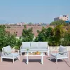 Foshan Factory White Aluminum Frame 5 Seater Patio Sofa Set Light Grey Cushions Plastic Wood Coffee Table Modern Durable