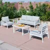 Foshan Factory White Aluminum Frame 5 Seater Patio Sofa Set Light Grey Cushions Plastic Wood Coffee Table Modern Durable