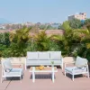 Foshan Factory White Aluminum Frame 5 Seater Patio Sofa Set Light Grey Cushions Plastic Wood Coffee Table Modern Durable
