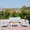 Foshan Factory White Aluminum Frame 5 Seater Patio Sofa Set Light Grey Cushions Plastic Wood Coffee Table Modern Durable
