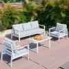 Foshan Factory White Aluminum Frame 5 Seater Patio Sofa Set Light Grey Cushions Plastic Wood Coffee Table Modern Durable