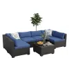 Garvee 7-Piece Outdoor Sectional Furniture Set Thick Cushions Tempered Glass Coffee Table Wicker Frame Teak Wood Garden Backyard