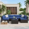 Garvee 7-Piece Outdoor Sectional Furniture Set Thick Cushions Tempered Glass Coffee Table Wicker Frame Teak Wood Garden Backyard