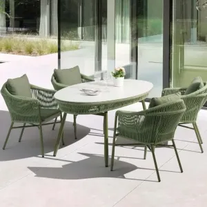 Green Wicker Rope Weaving Aluminum Frame Durable Weather Resistant Modern Outdoor Dining Set 4 Seater Oval Table 74cm Park