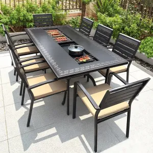 Modern All-Aluminum 6-8Person Outdoor Dining Table Chair Set Electric Barbecue Casual Garden Furniture for Courtyard Garden Use