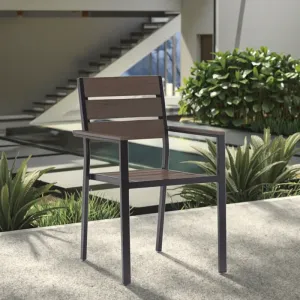 Modern Black Aluminum Frame Chair Coffee-colored Plastic Wood Slatted Backrest Armrests Durable Eco-Friendly for Outdoor Patio