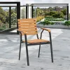 Modern Black Aluminum Frame Chair Eco-Friendly Poly Wood Slatted Backrest Armrests Comfortable Outdoor Patio Dining Courtyard