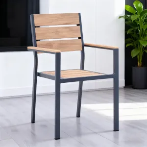 Modern Charcoal Gray Aluminum Frame Chair Plastic Wood Horizontal Slat Backrest Seat Armrests Lightweight Villa Living Room