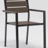 Modern Charcoal Gray Aluminum Frame Chair Plastic Wood Horizontal Slat Backrest Seat Armrests Lightweight Villa Living Room