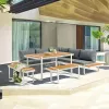 Modern Comfortable Outdoor Furniture Set Grey Sectional 6pcs Cornre Sofa Dining Set Wooden Table Patio Garden Terrace Leisure