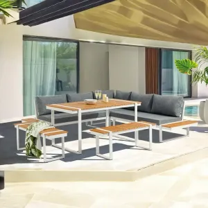Modern Comfortable Outdoor Furniture Set Grey Sectional 6pcs Cornre Sofa Dining Set Wooden Table Patio Garden Terrace Leisure