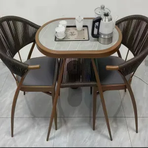Modern Design Outdoor Dining Table with Durable Aluminum Frame Rock Slab Wicker Construction for Hotel Park Villa Courtyard Use
