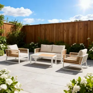 Modern Durable Aluminum Frame Outdoor Dining Furniture Set Cushions Pillows Teak Tabletop Eco-Friendly Villa Living Room