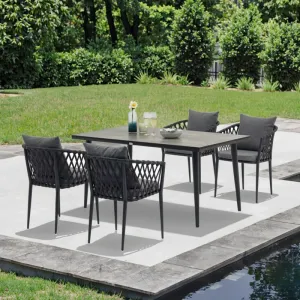 Modern Durable Dark Tone 5pcs Outdoor Dining Furniture Chair Set Aluminum Frame Rope Backrest Armrest Ceramic Glass Top Weather
